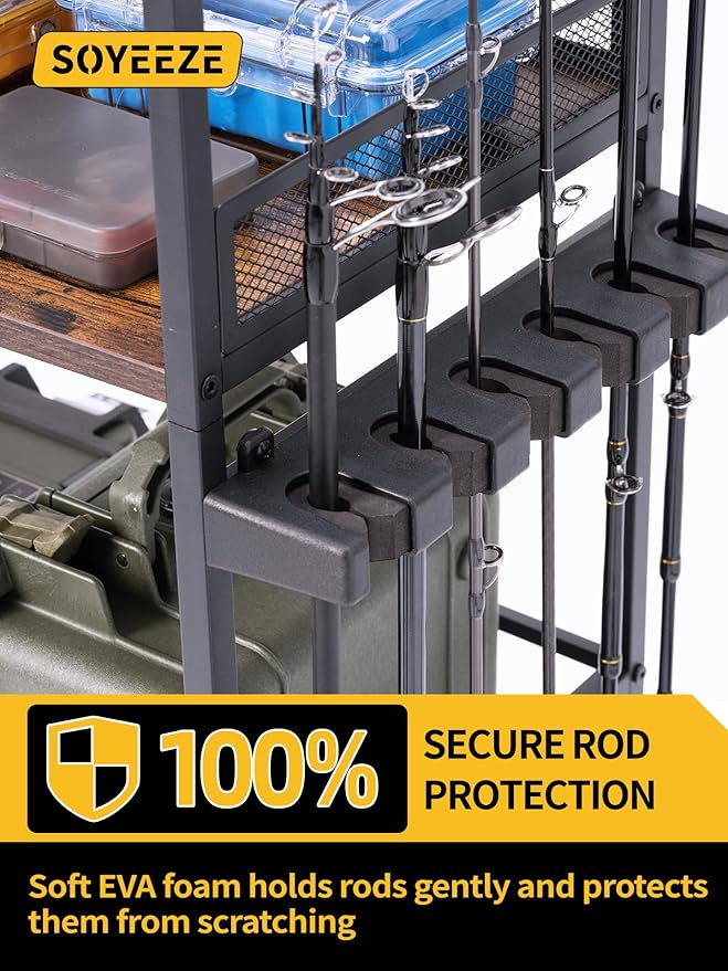 SOYEEZE Fishing Rod Holders for Garage, Fishing Pole Holders Up to 12 Rods with Pegboard and Hooks,Rolling Fishing Cart with Wheels, Fishing Gear Storage For Tackle Box & Reel Organization