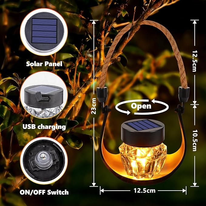 Toodour 2 Pack Hanging Solar Lantern Outdoor -Solar Lanterns with Flickering Flame, Waterproof Garden Lights Hanging Lights for Camping, Patio, Deck, Yard, Path, Garden, Porch Outdoor Decorations