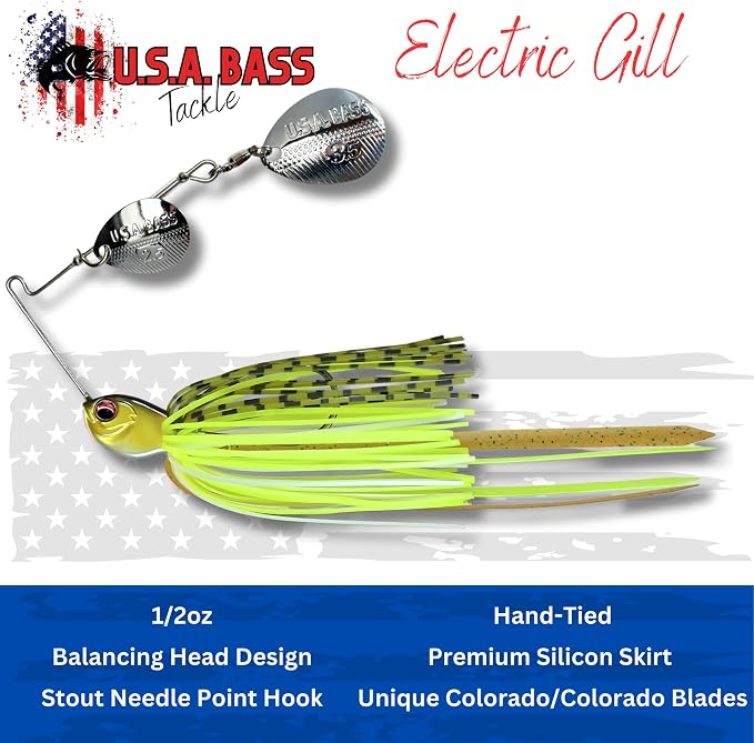 USA BASS Tackle Apache Attack Spinnerbait Type II Largemouth Smallmouth Spotted Bass Premium Fishing Bait Handtied Skirt Custom Blades Heavy Duty Hook New for 2025