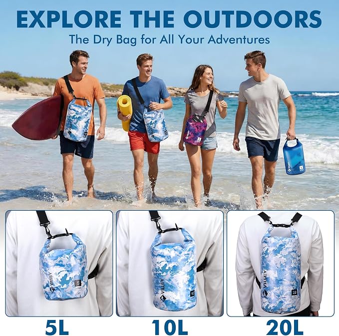 VILLEY Dry Bag Waterproof 20L Roll Top Storage Backpack, Keeps Gear Dry Lightweight Backpack for Kayaking Boating Camping Swimming and Beach Accessories Blue Camo