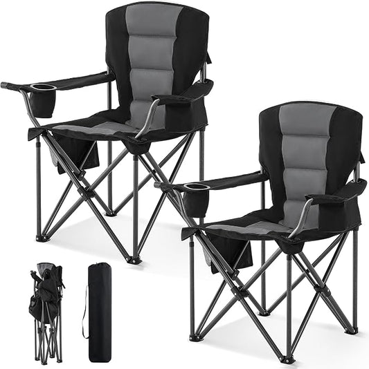 Oversized Camping Chairs for Adults 2 Pack Heavy Duty 450LBS Thick 600D Oxford Fabric Outdoor Folding Camping Chairs with Cup Holder and Ice Bag for Sports, Fishing, Lawn (Black & Dark Gray)