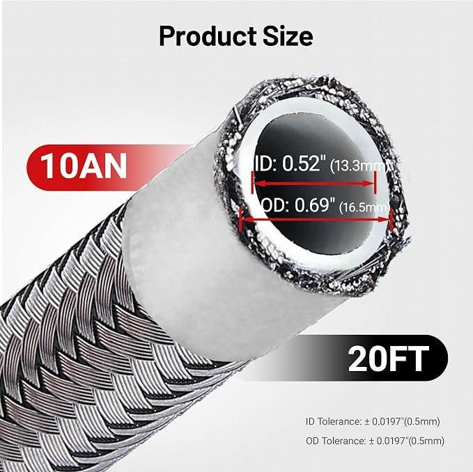 EVIL ENERGY 10AN PTFE Fuel Hose Line, AN10 Fuel Line E85 Stainless Steel Braided 20FT Silver