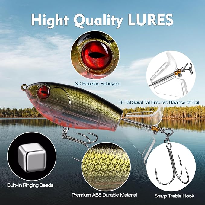 Fishing Lure Kit, Bass Fishing Lures with Lifelike 3D Eyes, Top Water Bass Fishing Lures for Freshwater and Saltwater, Ideal Bass Fishing Kit and Teaser Gift for Men