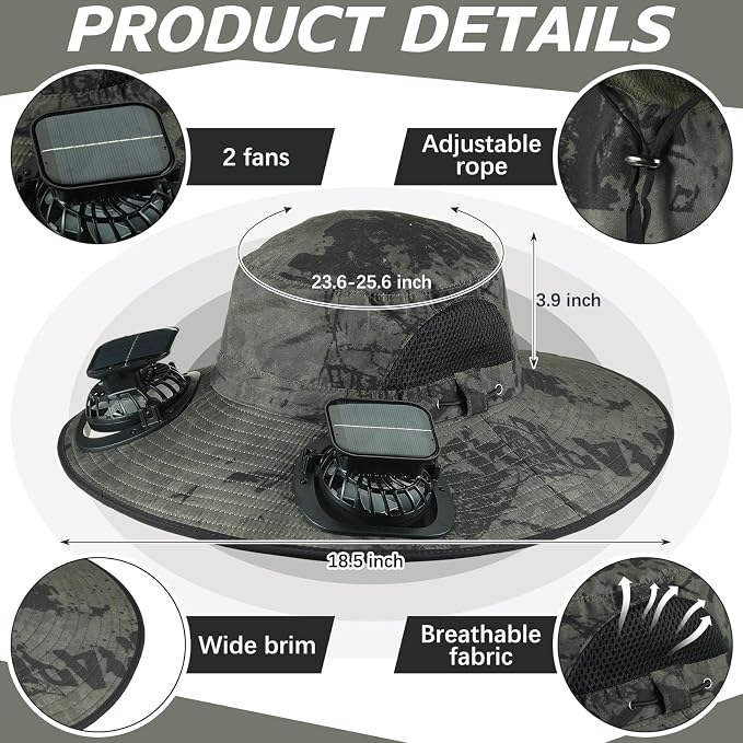 Glitopper 2 Pcs Solar Fan Hat with 2 Fan Wide Brim Removable Face Cover Cooling Fishing Buckets Hats