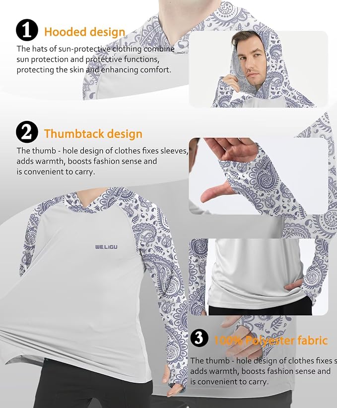 Men's UPF 50+ Sun Protection Hoodie Shirt Long Sleeve SPF Fishing Outdoor UV Hiking Lightweight Shirts