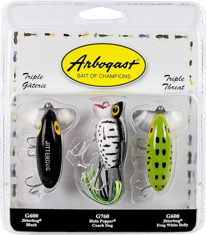 Arbogast Triple Threat Fishing Lure 3-Pack - Includes Jitterbug Lures and Hula Popper Lures