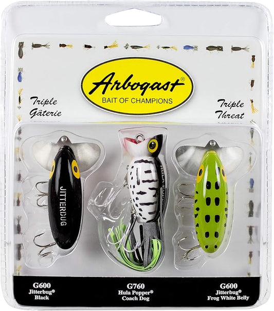Arbogast Triple Threat Fishing Lure 3-Pack - Includes Jitterbug Lures and Hula Popper Lures