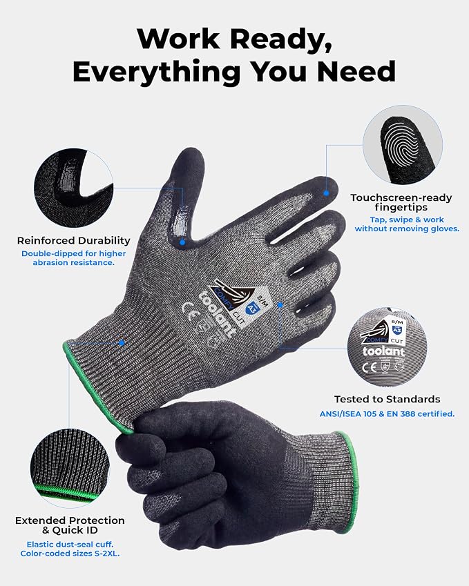 toolant ComfyCut A3 Cut Resistant Work Gloves, ANSI & EN388 Certified Protection with Superior Comfort, Fiberglass-Free, Touchscreen & Flexible Grip, for Fishing, Gardening, DIY, Assembly, XX-Large