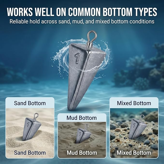 12Pcs Pyramid Sinkers 5 Sizes (1oz–5oz),Surf Fishing Gear – Anti Roll Durable Lead Weights for Freshwater and Saltwater Fishing Weights,for Catfish Rigs, Pompano Rigs, Bottom Fishing
