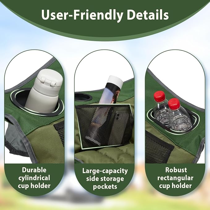 Youtanic Oversized Camping Chair, Portable Folding Camping Chairs with Side Pocket, Cup Holder and Carry Bag, Heavy Duty Outdoor Camping Chairs for Adults, Fishing, Sports, Trip, up to 400lbs, Style 2