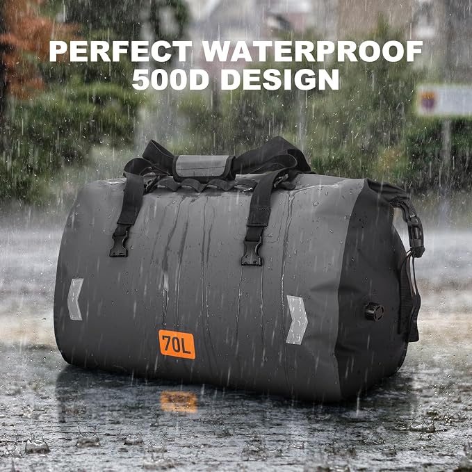 OCKLILY Waterproof Dry Bag, 70L Roll-top Motorcycle Tail Bag with Air Valve & Quick-fixed Straps, Travel Duffle Bags for Kayaking Paddle Boarding Rafting Boating Camping Riding Fishing - Grey