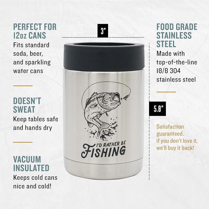"I'd Rather Be Fishing" Insulated Stainless Steel Can Cooler for Cans + Bottles - great dad birthday gift, fishing gear idea, unique bass pro boat accessory, coolie gift for men, mystery box or prize