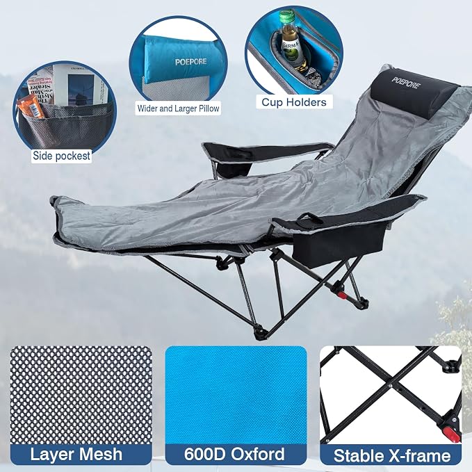 2-Pack Reclining Camping Chair 4 Position with Foot Rest Comfortable for Adults 265Ibs Folding Lounger Mesh Beach Chair with Cooler Bag,Cotton Cushion and Cup Holder for Outdoor Patio