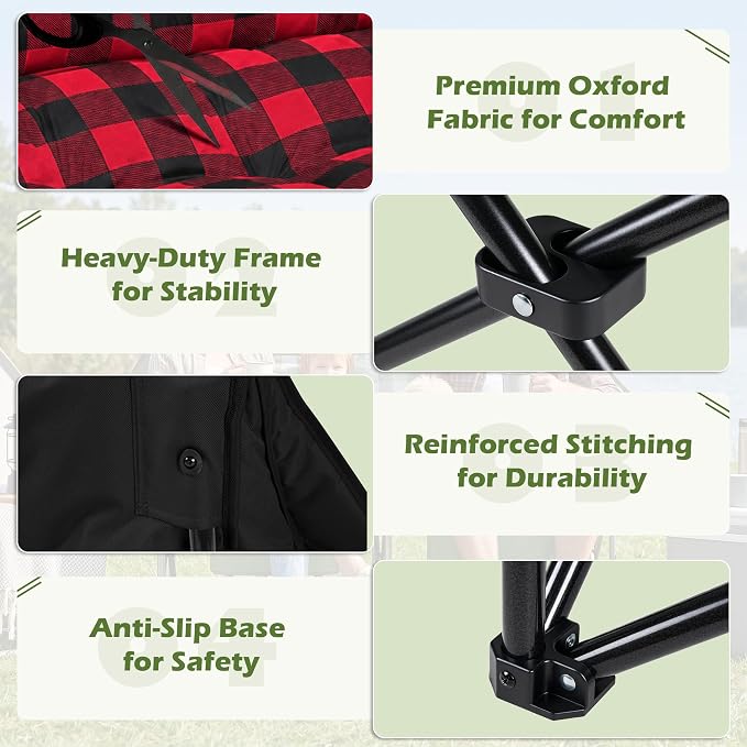 Youtanic Double Camping Chair, Heavy Duty 650lbs Padded Loveseat for Adults, Folding 2 Person Camp Couch with Cup Holder & Carry Bag, Wide Plaid Portable Lawn Seat for Outdoor Beach Sports, Red-Black