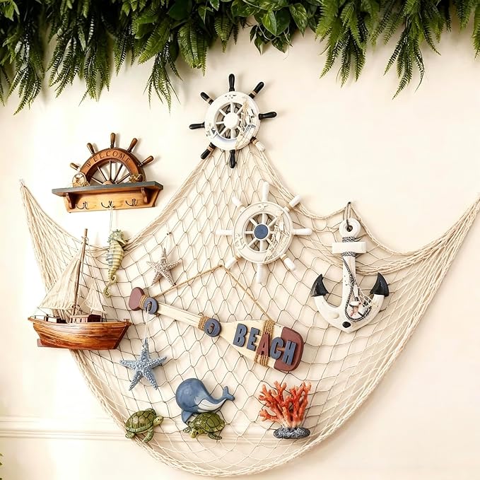 Decorative Fishing Net 2 Pack, 5x10 ft Large Beige Fish Net Decor for Wall, Photo Display, Nautical Mermaid Pirate Ocean Themed Beach Hawaii Under the Sea Party Decorations