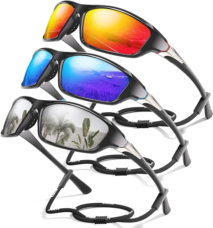 3 Pack Polarized Sports Sunglasses for Men, Mens Sunglasses Wrap Around UV Protection for Cycling Fishing Driving
