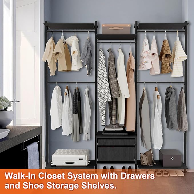 Wall-Mounted Steel & Wood Closet Organizer System with 4 Adjustable Shelves, 5 Hanging Rods, and 2 Drawers – Modern Open Wardrobe, Black