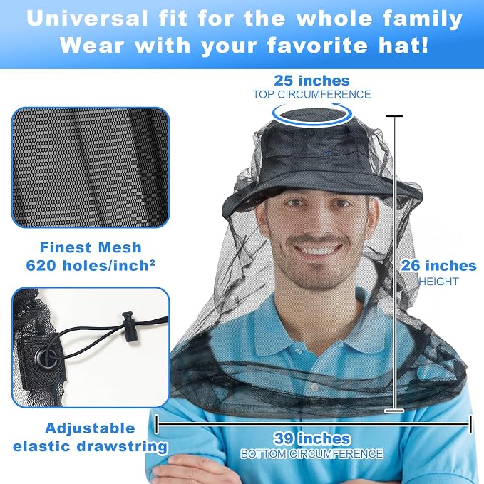 South to East Premium Mosquito Head Net for Insect, 4 Pack, Fly & Bug Protection | Ultra Large & Long, Extra Fine Holes for Camping, Hiking, Fishing, Gardening, Safari, Fits All Hats for Men & Women