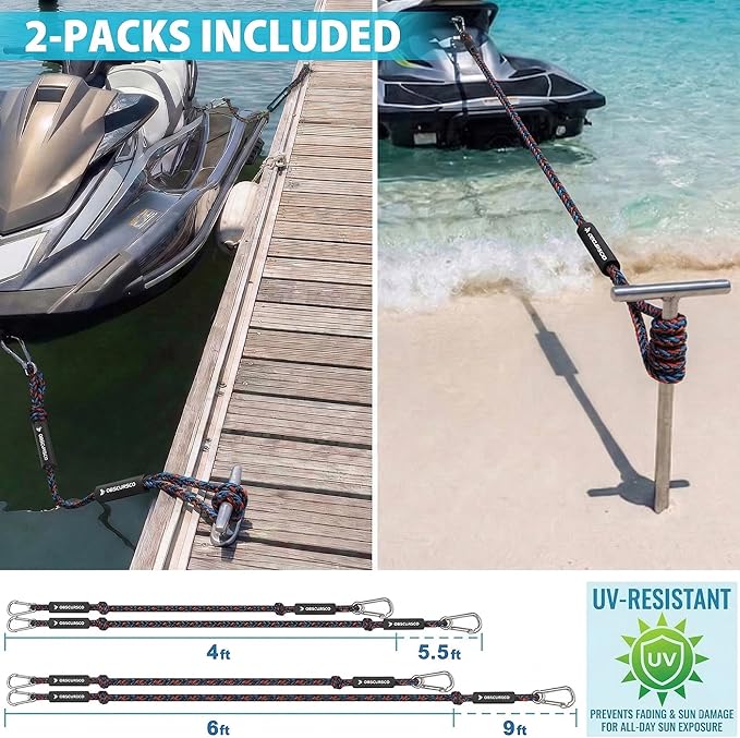 Obcursco Bungee Dock Lines for Boat, Docking Rope with 316 Stainless Steel Clips, Accessories for Jet Ski, PWC, SeaDoo, Pontoon, Center Console, Sets of Two(4ft & 6ft) Black/Red/Blue