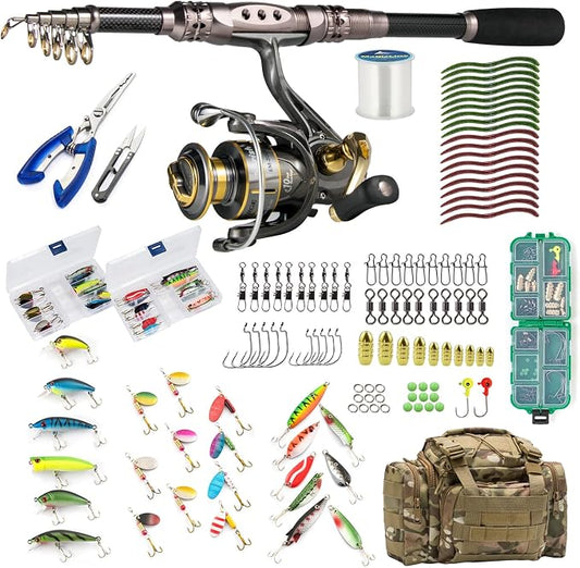 Dr.Fish Fishing Rod and Reel Combos 125-Pieces Telescopic Spinning Pole Reel Gear Equipment Set with Tackle Bag for Adult Collapsible Travel Complete Fishing Set Men Starter Freshwater Saltwater
