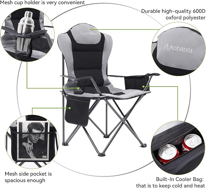 Aohanoi 2 Pack Camping Chairs for Heavy People,Outdoor Folding Camp Chairs for Adults with Cup Holder & Cooler Bag for Outside,Outdoor Lawn Chairs Supports Up to 400lbs