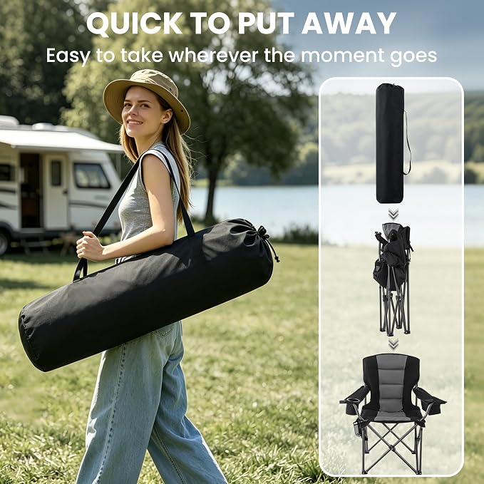 Oversized Camping Chairs for Adults 2 Pack Heavy Duty 450LBS Thick 600D Oxford Fabric Outdoor Folding Camping Chairs with Cup Holder and Ice Bag for Sports, Fishing, Lawn (Black & Dark Gray)