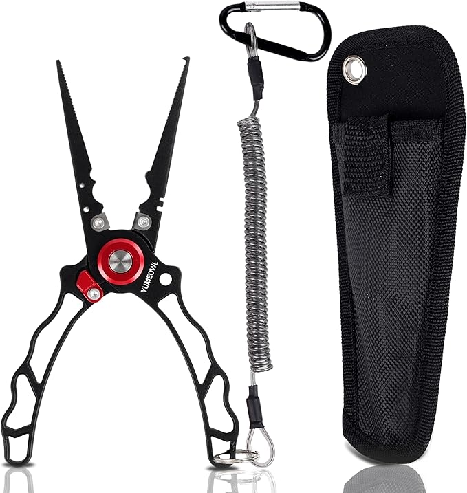 Fishing Pliers with Innovative Ergonomical Handle, Corrosion Saltwater Resistant,Fishing Multitool Hook Remover Braided Fishing Line Cutting, Split Ring with Coiled Lanyard and Sheath