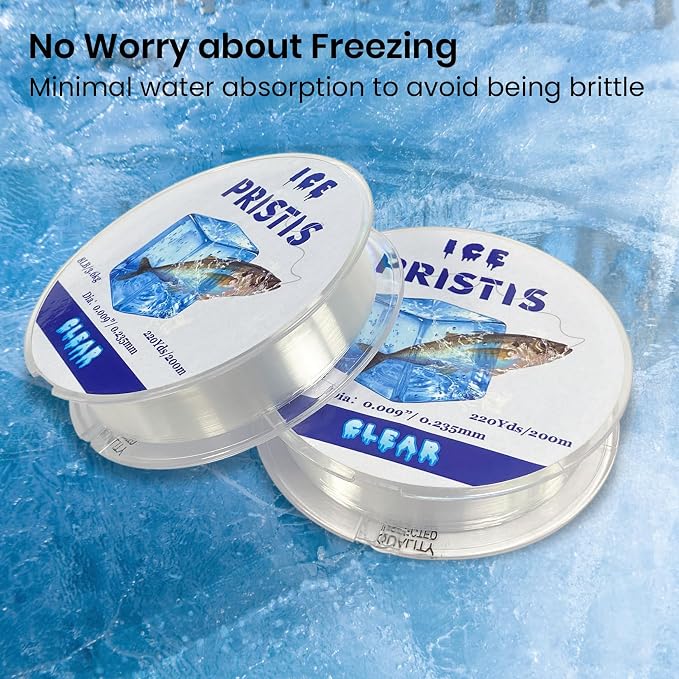 Pristis Fluorocarbon Coated Ice Fishing Line, 220 Yds Clear Abrasion Resistant Copolymer High Strength Nylon Line with Spool, Superior No Freezing Low Memory Premium Quality for Saltwater Freshwater