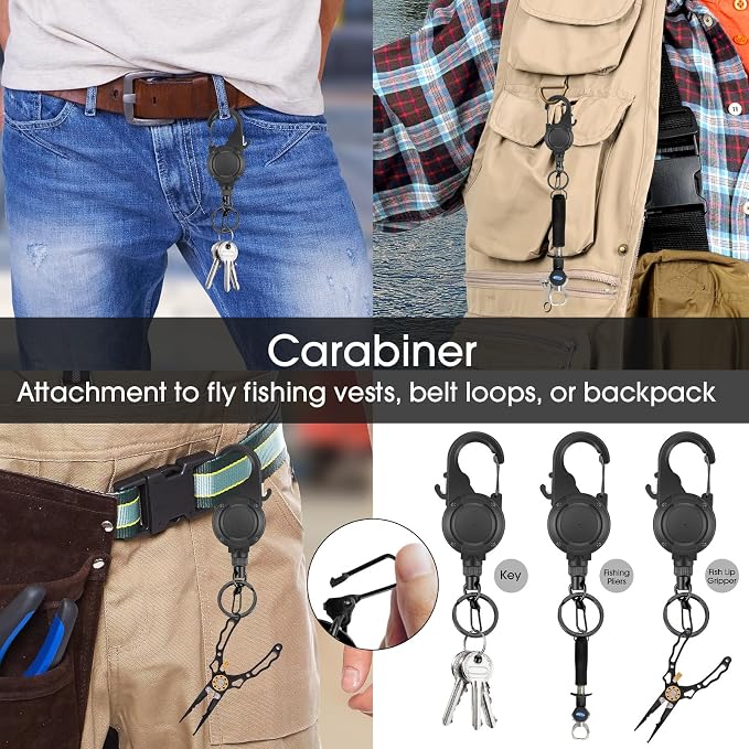 Fly Fishing Zinger Retractor,26" Stainless Steel Wire Rope, with Integrated Line Cutter and Magnetic Closure,360° Rotation Keychain & Carabiner Clip for Fly Fishing,Cycling,Hiking