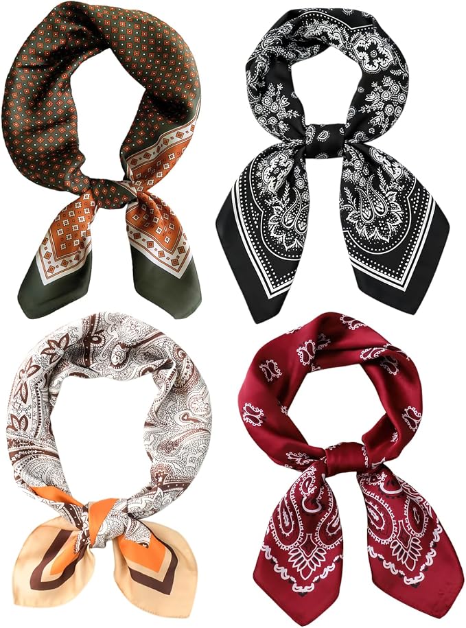 4PCS Neck Scarf Bandanas for Men and Women, Silk Feeling Head Scarfs, Fashion Neckerchief Square Purse Scarf