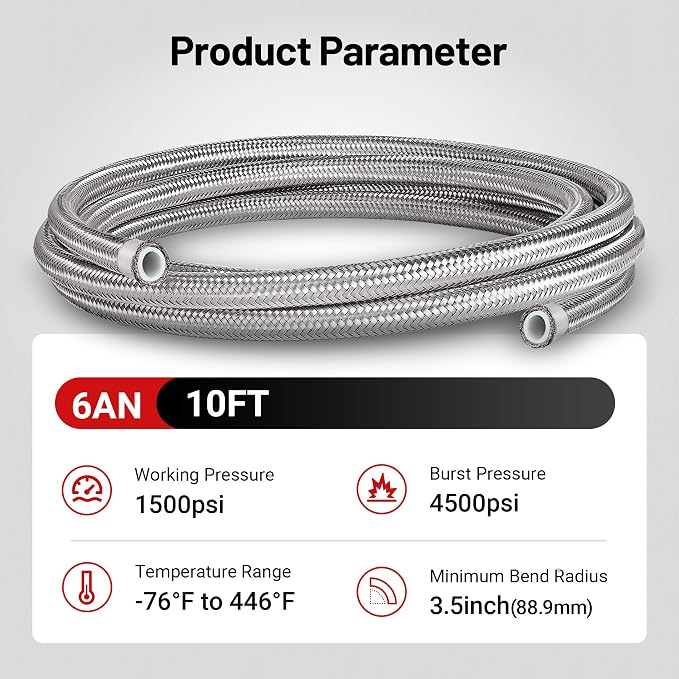 EVIL ENERGY 6AN PTFE Fuel Hose Line, AN6 Fuel Line E85 Stainless Steel Fuel Line Braided 10FT Silver