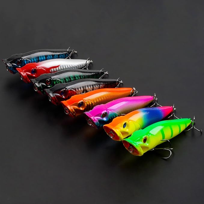 OROOTL Fishing Popper Lures, 8pcs Topwater Fishing Lures Hard Baits Lifelike Swimbait with Treble Hook Poppers for Bass Trout Walleye Pike Panfish Freshwater Saltwater