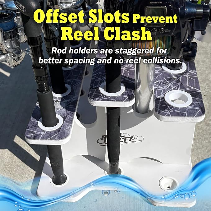 Rush Creek Creations Reel Salty 19-Rod Marine Grade Fishing Pole Holder with Tri-Level Design, UV-Resistant, 100% Waterproof Fishing Rod Holder for Garage and Dock, Blue/White