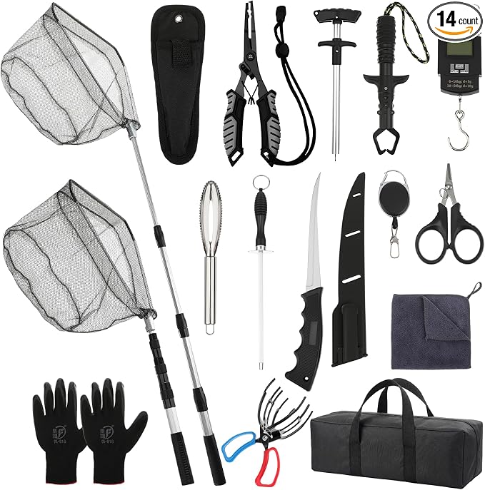 Ceenna 14 Pcs Fishing Tool Kit, Fishing Pliers, Retractable Landing Net, Lip Gripper, Fillet Knife, Digital Scale, Hook Remover, Scaler, Braid Scissors, Sharpener, Tool Retractor Accessories