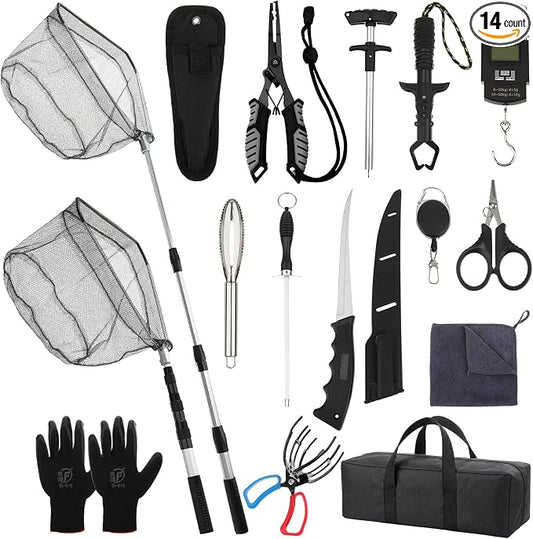 Ceenna 14 Pcs Fishing Tool Kit, Fishing Pliers, Retractable Landing Net, Lip Gripper, Fillet Knife, Digital Scale, Hook Remover, Scaler, Braid Scissors, Sharpener, Tool Retractor Accessories