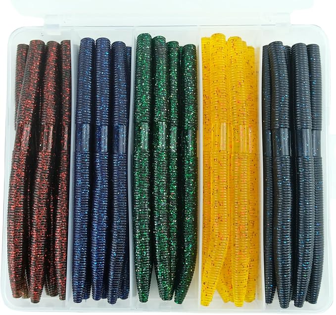 Senko Worms for Bass Fishing: 40PCS 5.5" Wacky Worm Lures Kit with Box | Senkos Soft Plastic Baits for Freshwater Saltwater | Slow-Fluttering Action