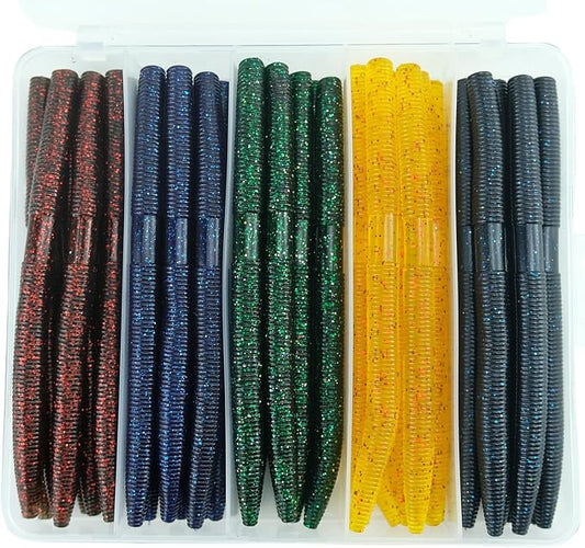 Senko Worms for Bass Fishing: 40PCS 5.5" Wacky Worm Lures Kit with Box | Senkos Soft Plastic Baits for Freshwater Saltwater | Slow-Fluttering Action