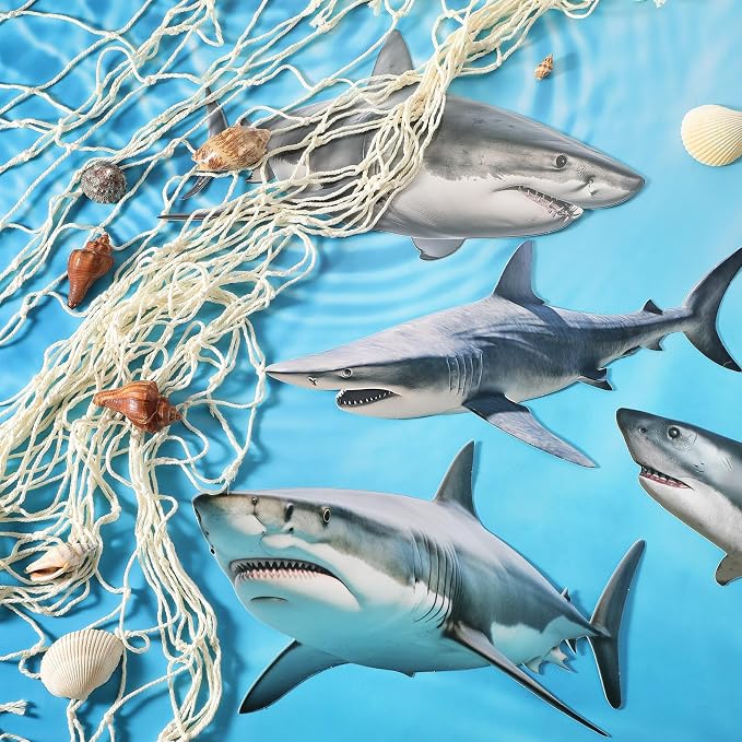 Silipull 11 Pcs Shark Birthday Party Decorations Kit Fishing Net Cute Cardstock Photo Prop for Birthday Sea Animal Indoor Outdoor Dessert Table Party Supply