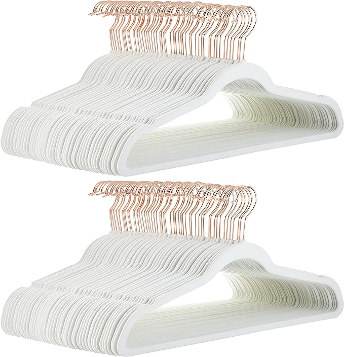 Amazon Basics Slim Velvet Non-Slip Space Saving Suit Clothes Hangers for Closet Organization, Ivory/Rose Gold, 100-Pack
