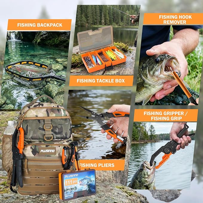 PLUSINNO Fishing Backpack with Fishing Gear Fishing Net, Waterproof Tackle Backpack with Rod Holders, Tackle Box, Lures, Tools, Pliers & Accessories, Fish Gifts for Men