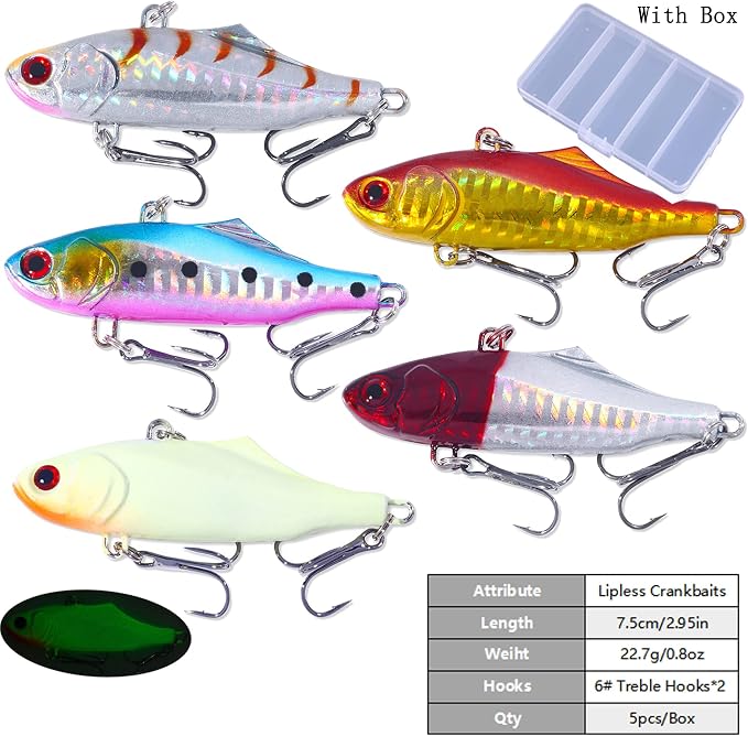 Lipless Crankbait, Rattle Trap Fishing Lures for Freshwater Saltwater, Lipless Crankbaits for Bass Fishing Lure Set for Bass Trout Walleye Redfish Pike, 5pcs with Box