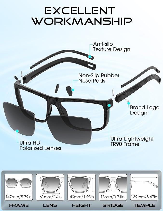 ATTCL Square Polarized Sunglasses for Men: Ultra-Light TR90 Frame UV400 Protection Sun Glasses for Fishing Driving