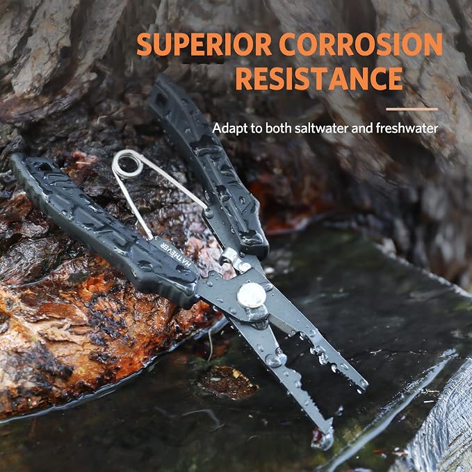 Saltwater Fishing Pliers, Split Ring Pliers for Fishing with Safety Lock, Fish Pliers with Sheath and Lanyard, Fishing Gifts for Men