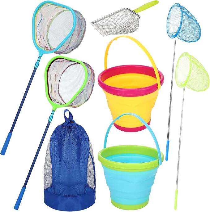 2 Pack Telescopic Kids Fishing Net with Handle, 2 Collapsible Bucket Sand Pail, Stainless Steel Foldable Fishing Net Small Fishing Butterfly Bug Net Beach Shovel with Storage Bag