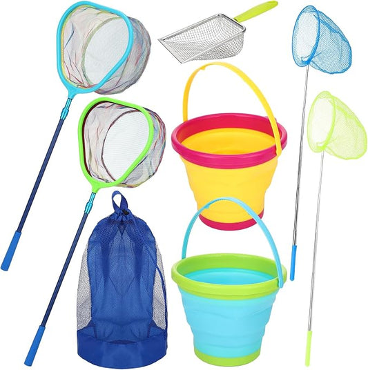 2 Pack Telescopic Kids Fishing Net with Handle, 2 Collapsible Bucket Sand Pail, Stainless Steel Foldable Fishing Net Small Fishing Butterfly Bug Net Beach Shovel with Storage Bag