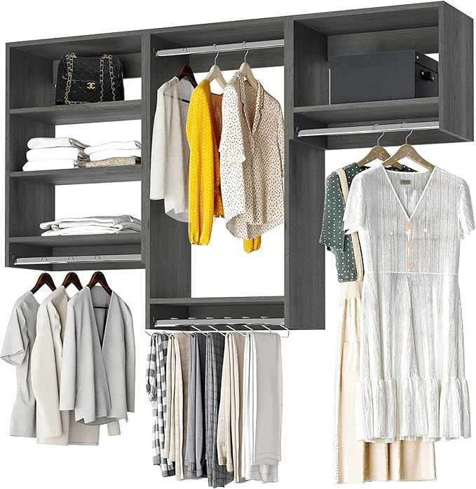 Closet Kit with Hanging Rods - Corner Closet System - Closet Shelves - Closet Organizers and Storage Shelves (Grey, 96 inches Wide) Closet Shelving