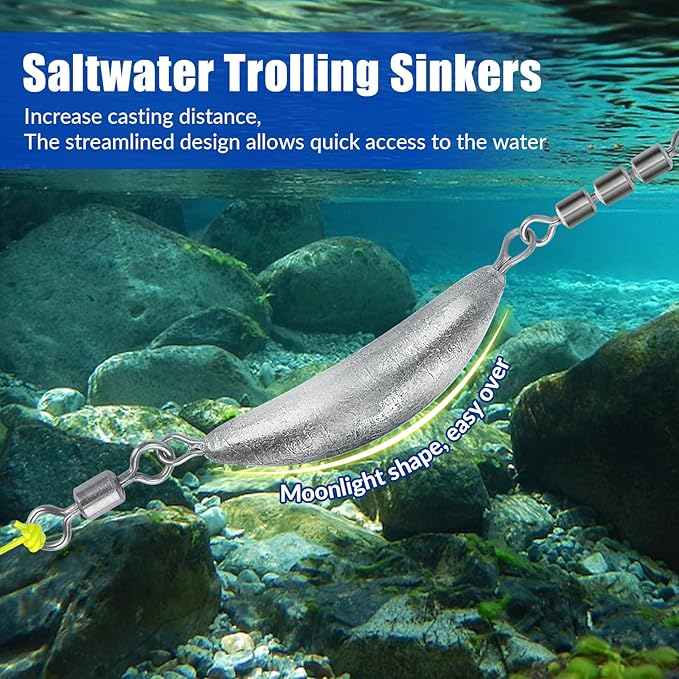THKFISH Fishing Spin Sinker，Crescent Sinker with 3 Roller Swivels Fishing Sinker Drop Shot Weights Fishing Weights Kit Inline Trolling Sinkers,Torpedo Sinkers Saltwater Freshwater,1/2-6OZ, sliver