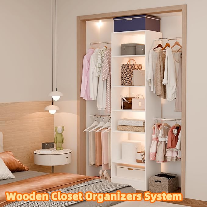 Closet System, Closet Organizer System With Adjustable Shelves, Walk-In Closet Storage System With 5 Hanging Rods, Adjustable Cloth Garment Rack, Fits Spaces 4 to 9FT, White