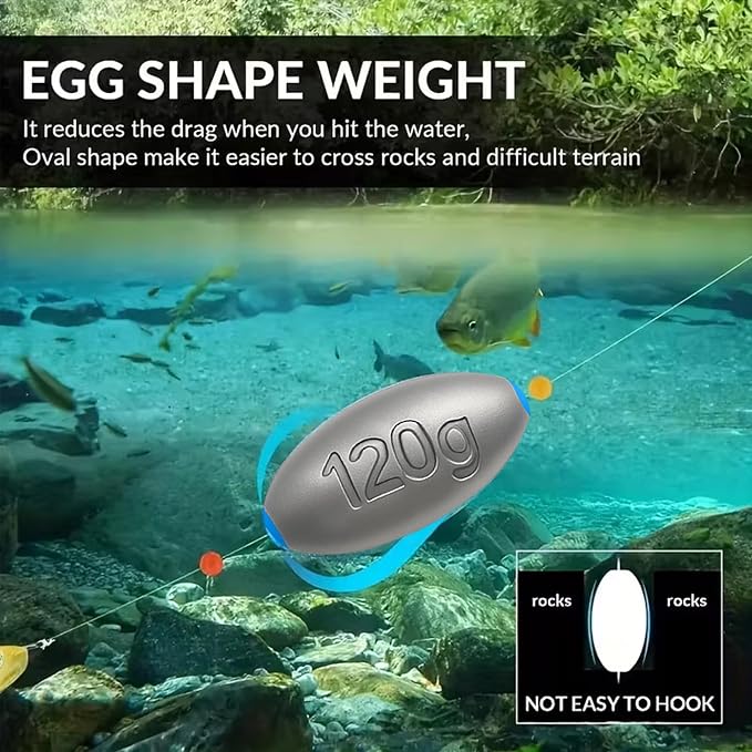 Egg Sinkers Fishing Weights – Lead Oval Sliding Sinkers for Catfish, Bass & Surf Fishing, No-Snag Smooth Hole Design, Heavy Fishing Weights for Bottom Rigs in Lakes, Rivers & Beach