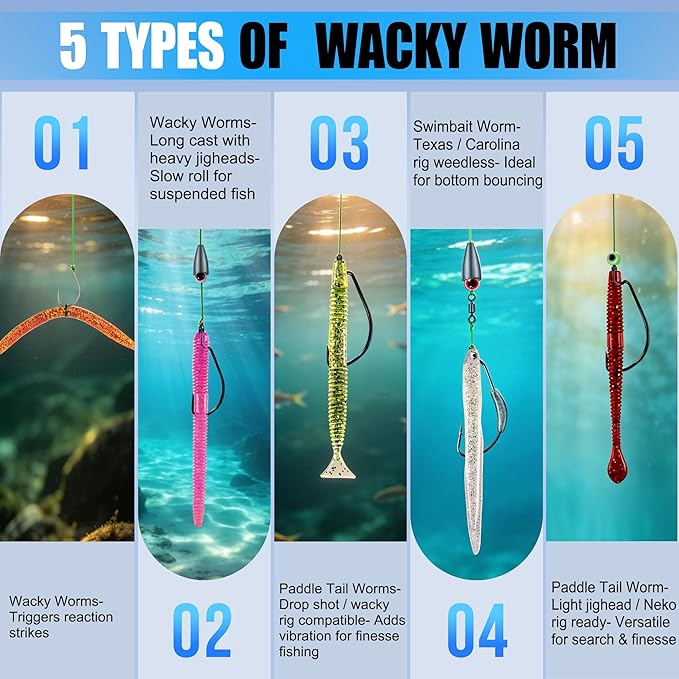 PLUSINNO Wacky Worm Fishing Lure Kit, Soft Plastic Fishing Lures, Grub Baits Hook Wacky Rig Bass Trout Fishing Worms Lures w/Tackle Box